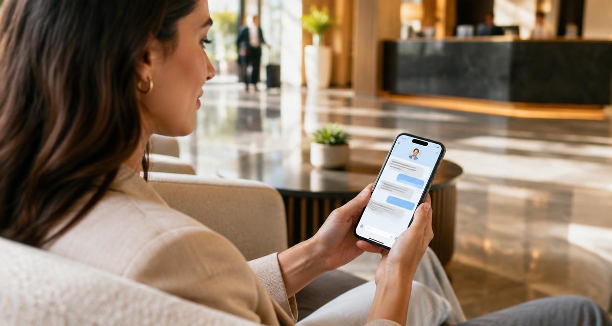 Otel lobisinde telefonundan otel ile mesajlaşan misafir; temsili görsel