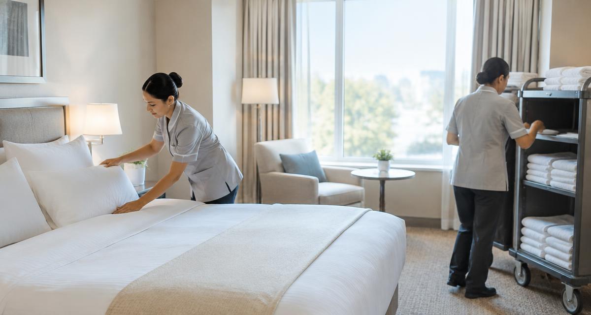 Otel odasında yatak ve ekipman hazırlığı yapan kat hizmetleri ekibi; temsili görsel