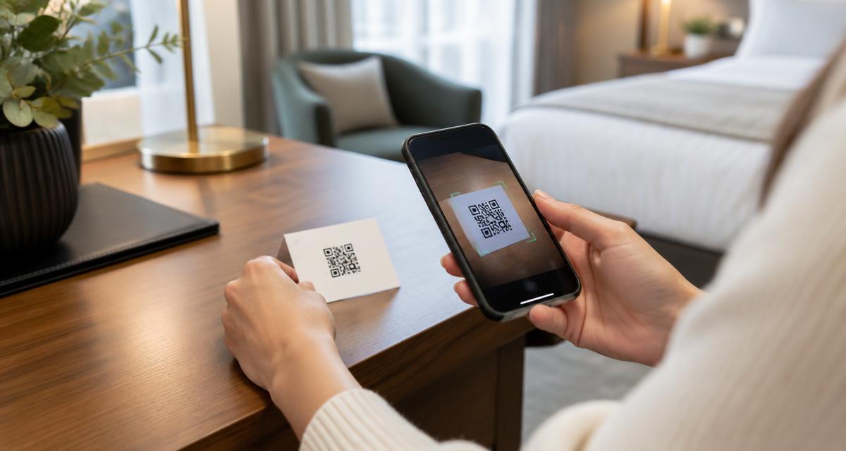 Otel odasındaki QR kartını telefonla okutan misafir; temsili görsel